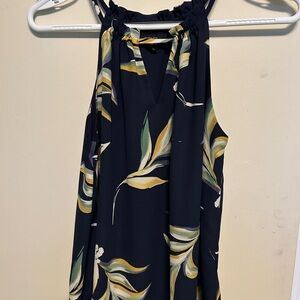 RW&CO. Navy and Yellow Leaf Print Blouse